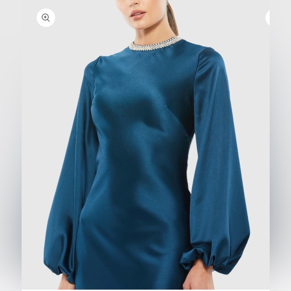 MWT IENNA Mac Duggal Blue Beaded High Neck Bishop Sleeve Satin Gown Size 14 - Picture 2 of 6